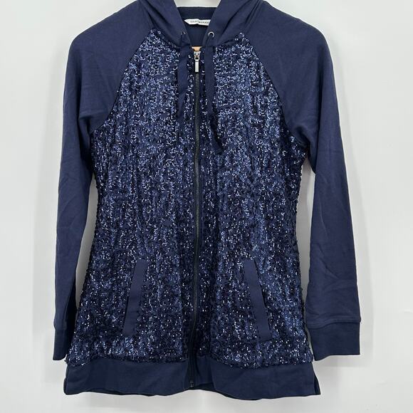 Isaac Mizrahi Live! Blue Sequined Hoodie Full Zip Jacket Womens 2XS XXS NWOT - Picture 1 of 16